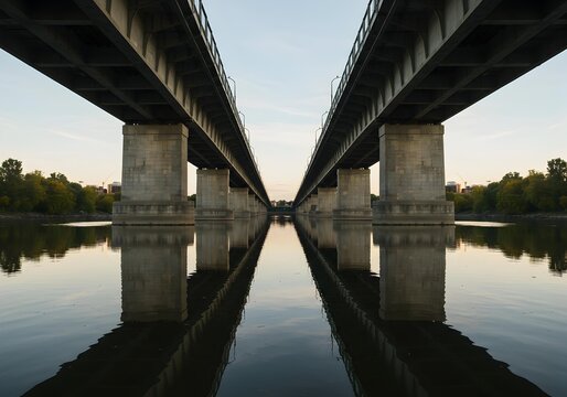 Symmetrical view of parallel railway bridges reflecting in calm river water at sunset.