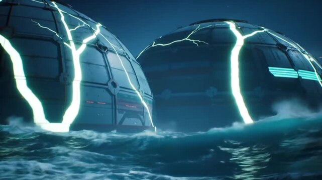 Futuristic Spheres in Dark Blue Ocean at Night