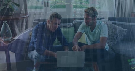 Animation of stock market data processing over two caucasian men discussing over laptop at home - Powered by Adobe