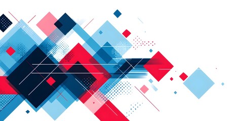 Dynamic abstract geometric background with red and blue squares, circles, and lines, symbolizing modern technology, data, and digital connection.
