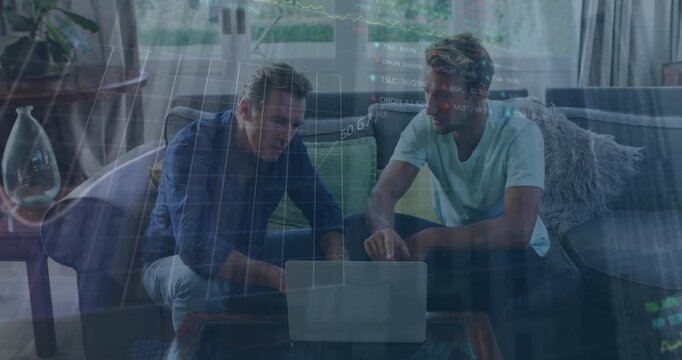 Animation of stock market data processing over two caucasian men discussing over laptop at home - Powered by Adobe