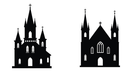 Fototapeta premium Two black silhouette church buildings with steeples and crosses on white background