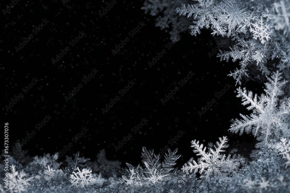 Poster intricate snowflakes form a frame against a dark background with falling snow