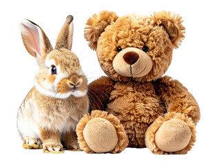 Fototapeta premium Teddy Bear Sitting with Bunny Friend, front view, isolated on transparent background