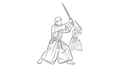 iaido martial art swordsmanship training, two men kendo practice, japanese samurai