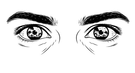 Fototapeta premium intense eyes with skull reflection dark, mysterious ink drawing of human eyes