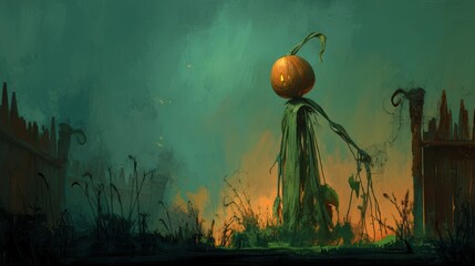 Mysterious pumpkin figure in eerie landscape.