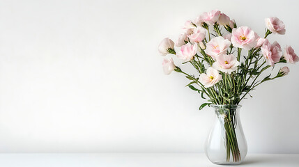 Eustoma flowers in vase on table near white wall spa ai generative