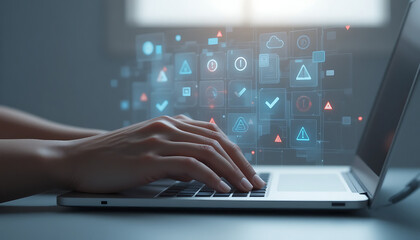 Close up of hands typing on a laptop with digital icons and data flowing upwards representing technology and information sharing