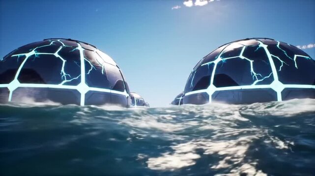 Futuristic Spheres Floating on a Blue Ocean
