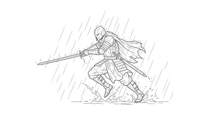 Obraz premium knight in rain, running, sword, medieval, fantasy, combat, action, warrior, sketch, drawing