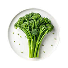 Plate of Fresh Broccolini Stalks Arranged in Fan Pattern with Scattered Green Garnish Isolated on Transparent Background