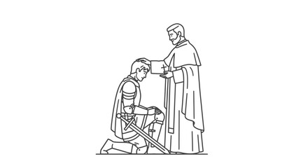 knight kneeling before priest, blessing, faith, religion, medieval, spiritual, warrior, prayer, devotion, sacred, holy, line art, minimalist, simple