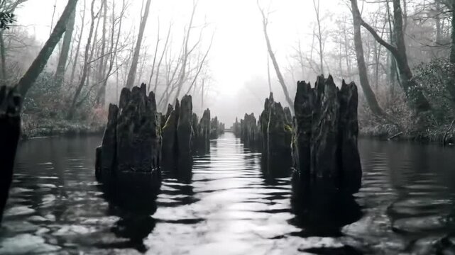 Dark Moody River with Ancient Wooden Posts in Foggy Forest