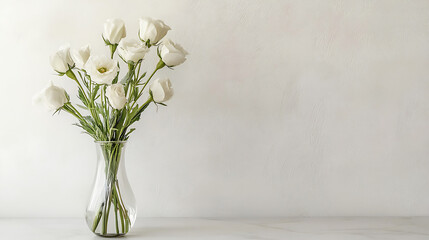 Eustoma flowers in vase on table near white wall spa ai generative