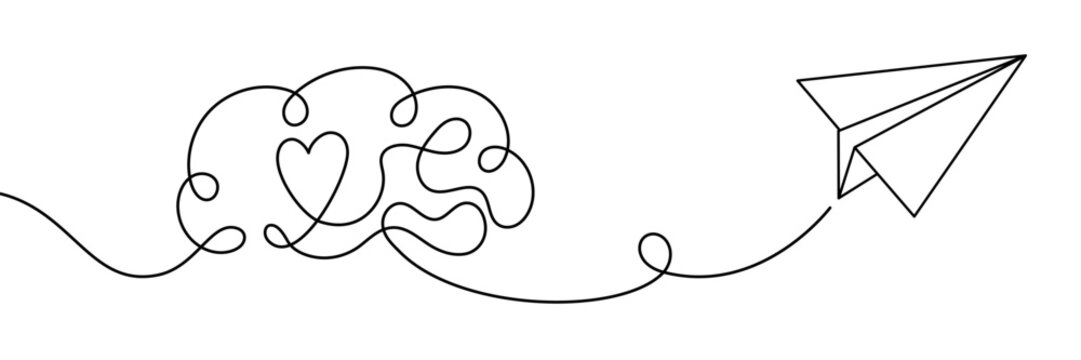 Continuous line drawing of brain with heart inside and paper airplane, symbol of mind and feelings, love in the head, emotions within thinking, minimalistic abstract banner for psychology and romance