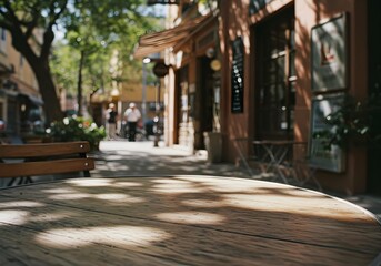 Fototapeta premium Empty Wooden Outdoor Cafe Table on a Sunny European Street