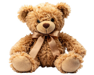 Fototapeta premium Vintage Teddy Bear with Ribbon Bow, hand-crafted style, slightly tilted, isolated on transparent background