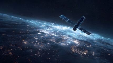 Obraz premium A futuristic satellite collecting climate data from Earth with glowing interface overlays.