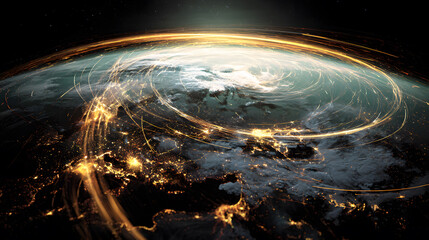 A futuristic satellite collecting climate data from Earth with glowing interface overlays.