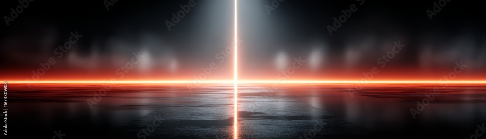 Poster dynamic interplay of red and black, abstract background with a striking light beam.