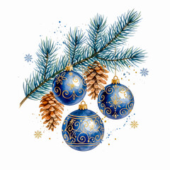 Christmas Ornament and Pine Cones Watercolor Illustration
