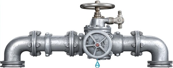 Metal pipeline with valves, a drop of water, on white