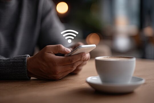 Person using a smartphone with wifi overlay in cafe
