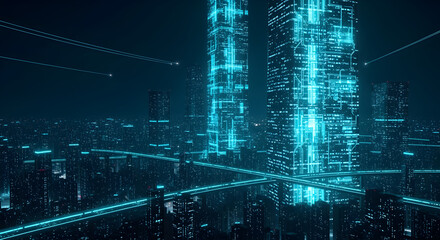 Abstract Futuristic City with Glowing Blue Network on Dark Background Visualization
