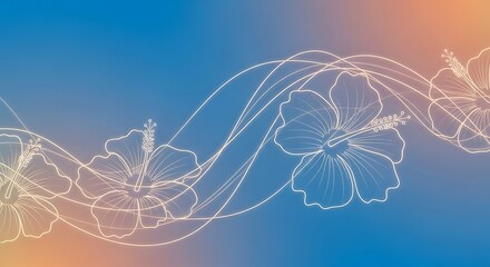 Stylized hibiscus flowers and flowing lines on a gradient blue and orange background