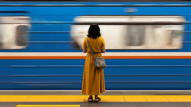 Woman in Yellow Dress Awaits Blue Train on Subway Platform
