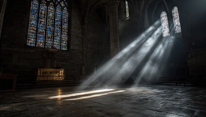 Fototapeta premium Sunlight streams through stained glass windows, illuminating a dark cathedral interior.