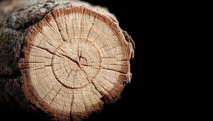 Close-up of a tree trunk cross-section.  Dark background.  Wood rings, cracks, and texture are visible