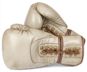 A Pair of Vintage Boxing Gloves with Unique Brown Lacing and Distinctive Texture, Showcasing the Artistry and Craftsmanship of Fighting Gear. png, isolated on white background