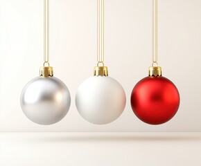 Elegant Set of Christmas Ornaments in Silver, White, and Red Hanging Against a Minimalistic Background for Festive Holiday Decor Inspiration. png, isolated on white background