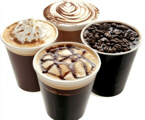 An Exquisite Display of Coffee: A Captivating Collection Featuring Various Brews, Toppings, and Textures in Beautifully Designed Cups. png, isolated on white background
