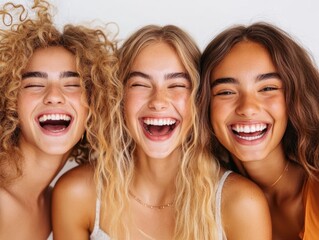 Three Joyful Young Women Laughing Together, Celebrating Friendship and Sharing Genuine Smiles in a Bright and Cheerful Atmosphere. png, isolated on white background
