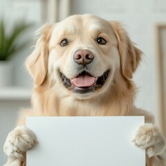 Friendly Golden Retriever Holding a Sign with a Cheerful Expression in a Cozy Indoor Environment. png, isolated on white background