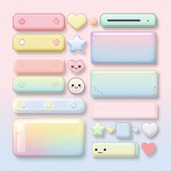 Fototapeta premium This collection features an array of colorful pastel stickers, including hearts, stars, and decorative elements, perfect for enhancing digital designs and projects with a cute touch.