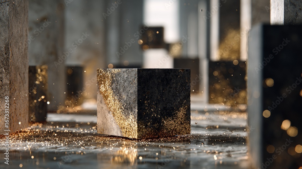 Poster minimalist 3d render featuring a 3d asterisk and simple building models with golden textures, dust p
