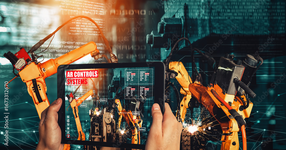 Poster engineer controls robotic arms by augmented reality industry technology application software. smart 