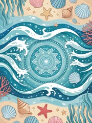 Ocean mandala with waves starfish shells and coral on sandy beach.