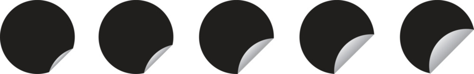 Round sticker icon vector set with curled corners in black and white. Modern blank label design for tags, sale signs, and advertising templates. Perfect for web, print, and branding projects.