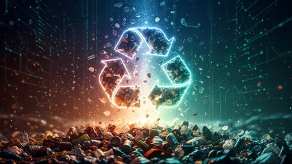 Surreal digital art of trash pile transforming into glowing recycle icon, symbolizing environmental protection, hope, and futuristic sustainability vision.