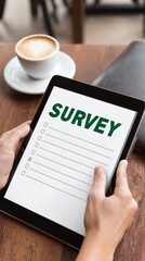 Digital survey on tablet, online questionnaire for feedback and data collection tablet.