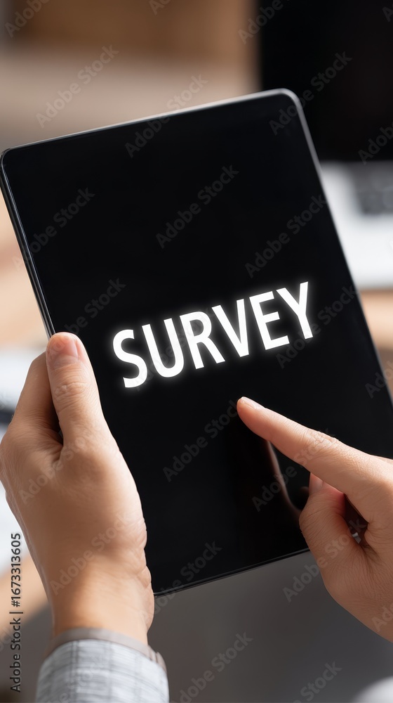 Poster man holding tablet with online survey form, data collection and feedback for analysis.