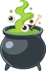 A bubbling green witch's cauldron with magical potion and spooky steam, with eyeballs and bones floating inside, detailed cartoon style, vector illustration, isolated on a white background.