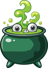 A bubbling green witch's cauldron with magical potion and spooky steam, with eyeballs and bones floating inside, detailed cartoon style, vector illustration, isolated on a white background.
