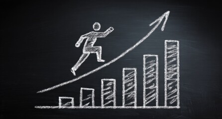 Chalk drawing of a person running up a rising graph on a chalkboard