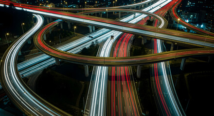 Aerial View of a Complex Freeway Interchange at Night with Dynamic Red and White Light Trails Highlighting Traffic